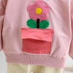Σετ παντελόνι - μπλούζα μακρυμάνικη με ανάγλυφο λουλούδι και τσέπη, ροζ - εκρού